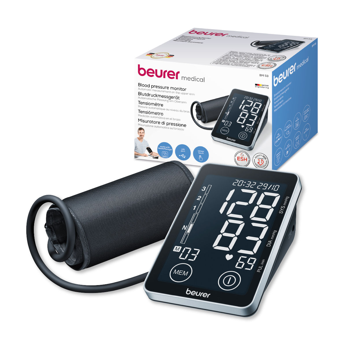 Monitor de presión arterial baumanómetro digital de brazo con pantalla táctil y conexión USB BM58 - Marca Beurer