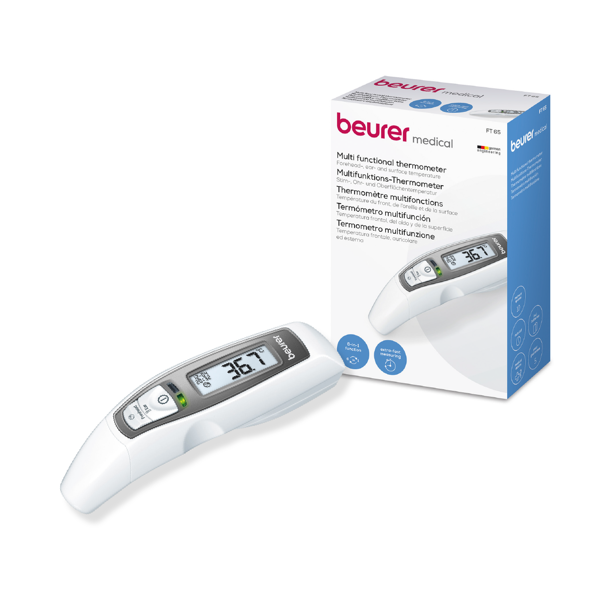 Termómetro Digital 6 Funciones en 1, Medición sin Contacto con Alarma de Temperatura por LED / FT65 beurer®