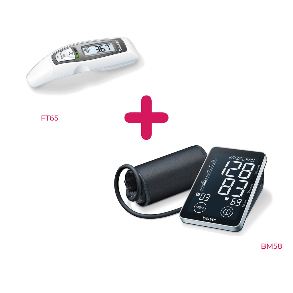 Kit Monitor de presión arterial baumanómetro digital de brazo BM58 + termómetro digital FT65 Marca beurer®
