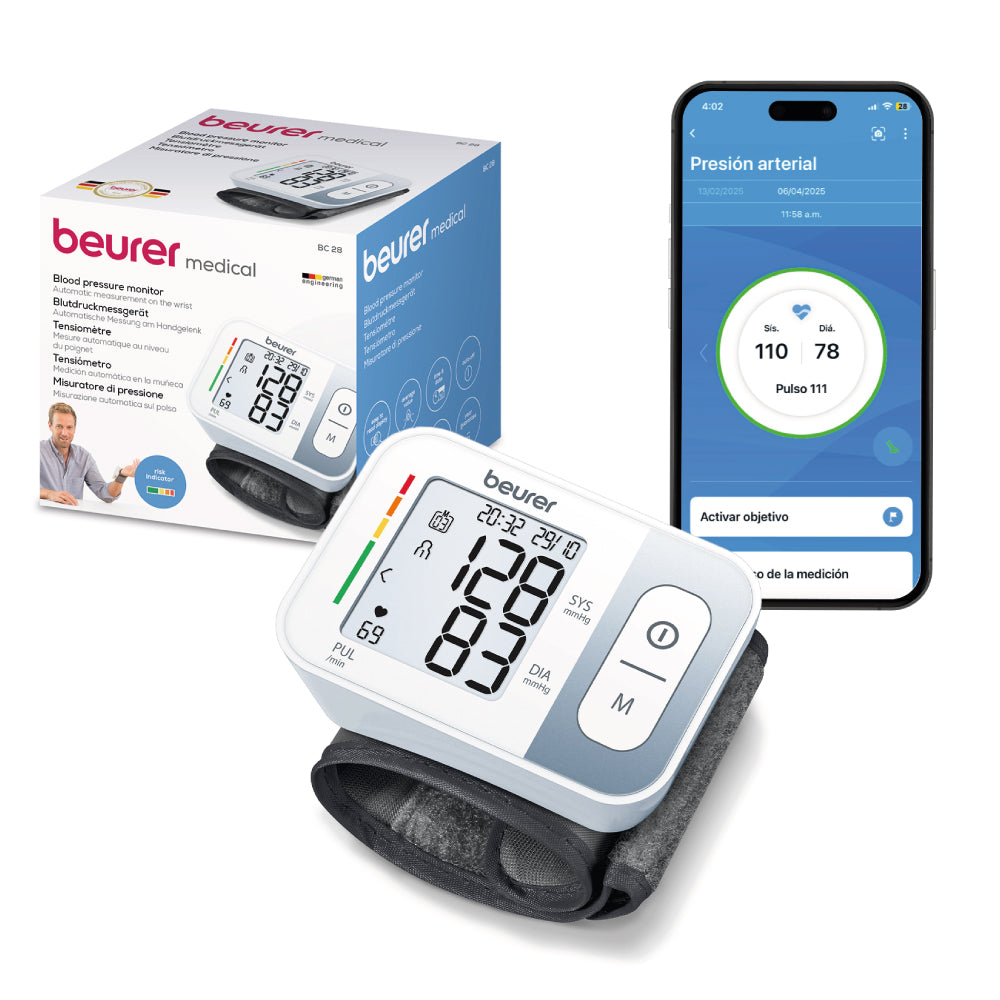 Baumanómetro Digital de Muñeca BC28 con Pantalla Clara y Memoria – Marca Beurer
