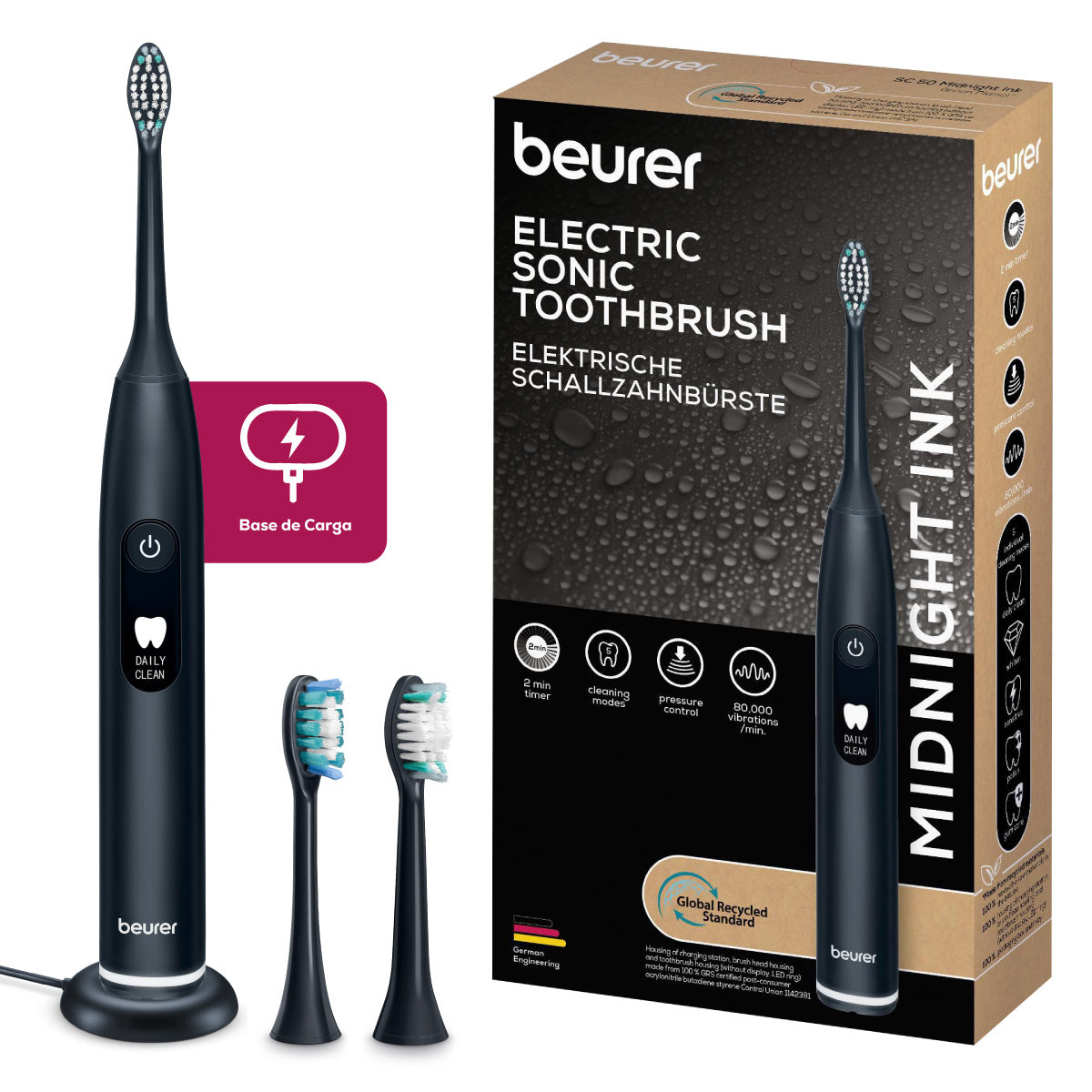 Cepillo Dental Eléctrico Recargable | Sónico | Con 5 Programas de Limpieza y 2 Cabezales | Beurer