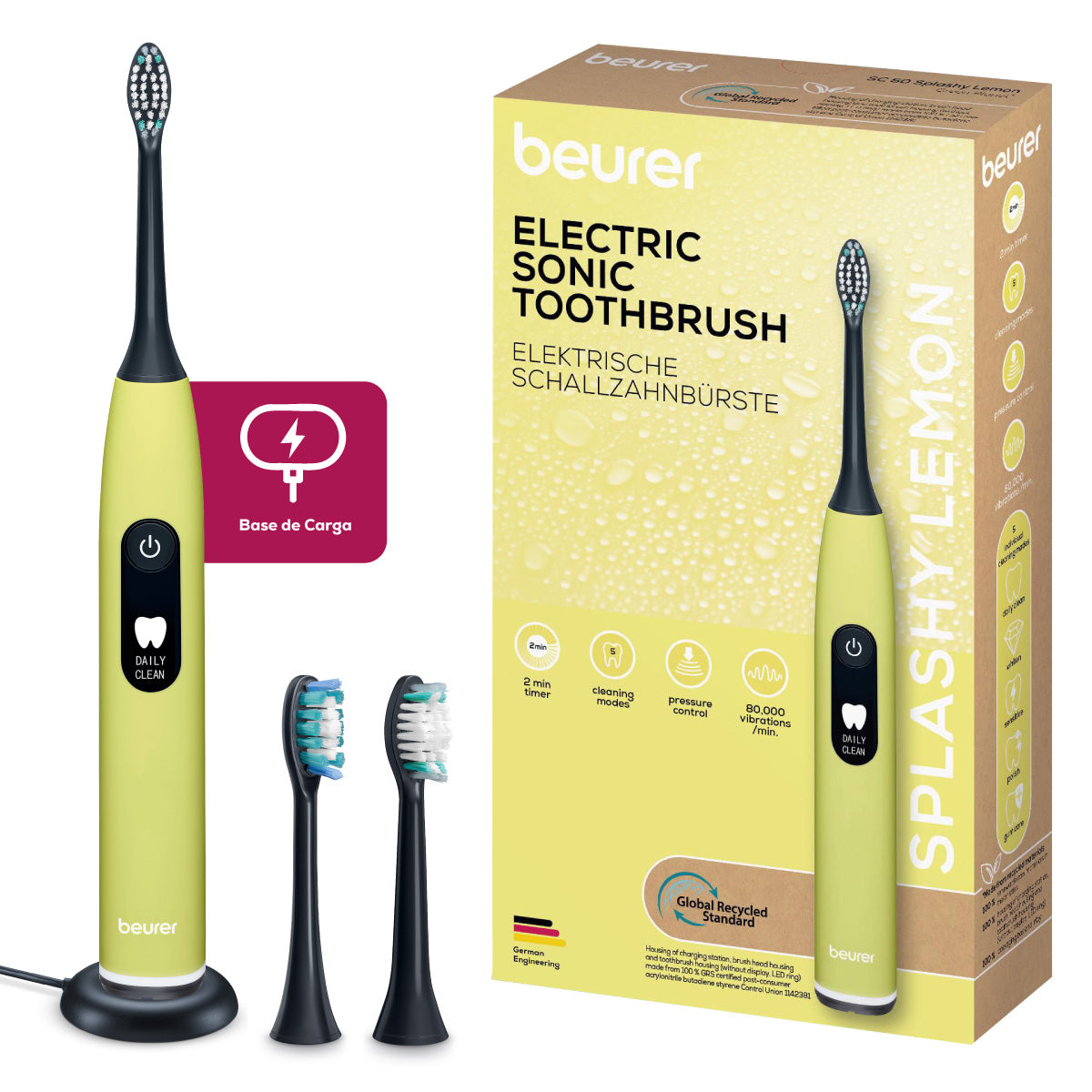 Cepillo Dental Eléctrico Recargable | Sónico | Con 5 Programas de Limpieza y 2 Cabezales | Beurer