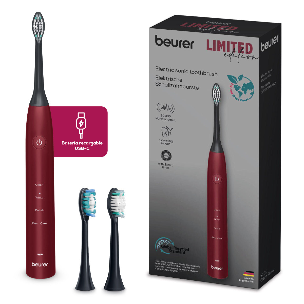 Cepillo de Dientes Eléctrico Recargable con 4 programas de limpieza y 2 cabezales intercambiables SC30BF2025 Limited Edition Cherry | Marca Beurer