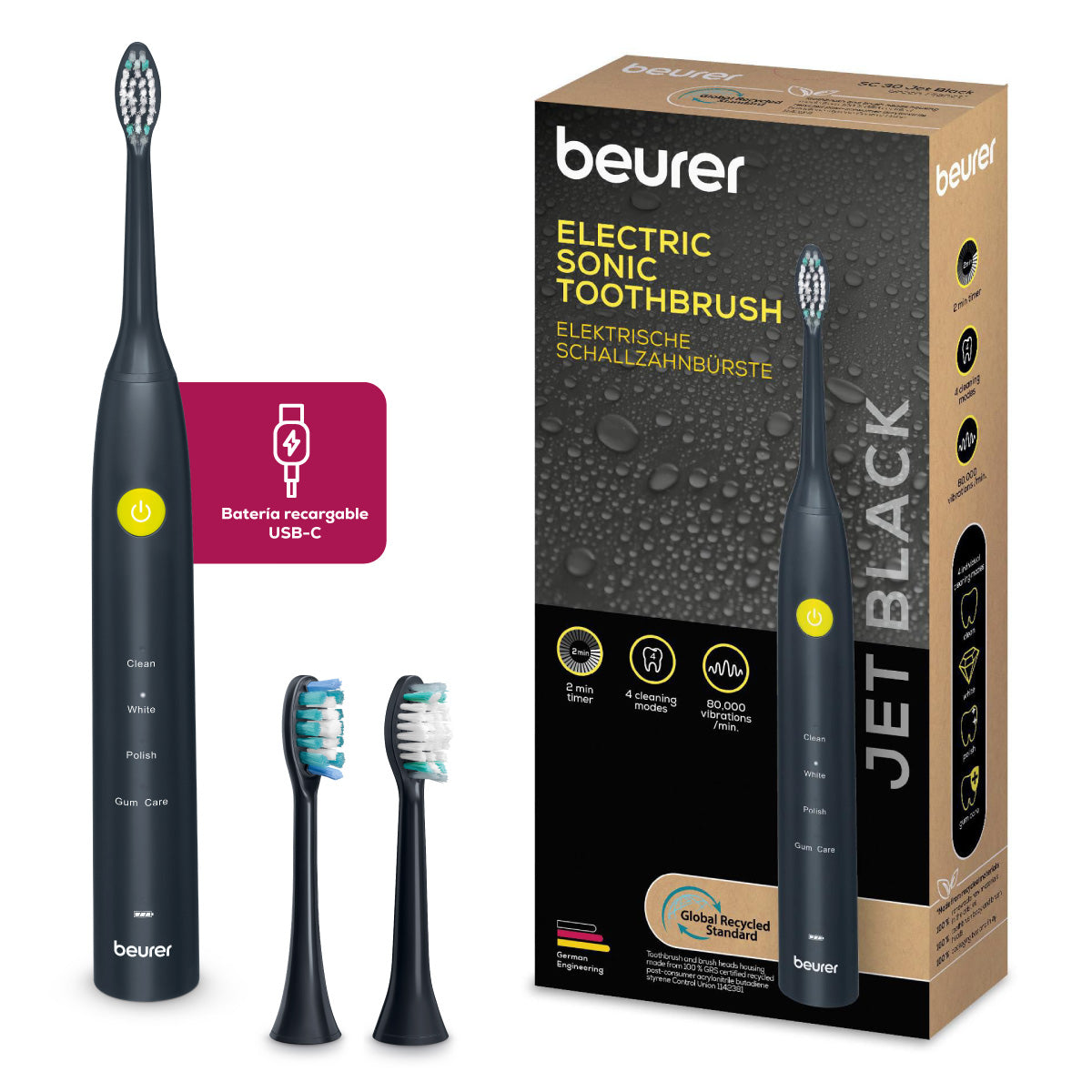 Cepillo de Dientes Eléctrico Recargable con 4 programas de limpieza y 2 cabezales intercambiables SC30BF2025 Limited Edition Cherry | Marca Beurer