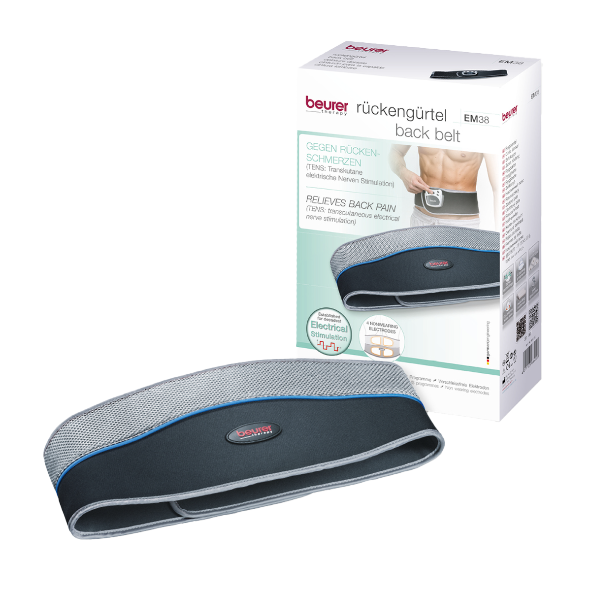 Cinturón de electroestimulación lumbar con 4 programas y electrodos integrados – EM38 Marca Beurer
