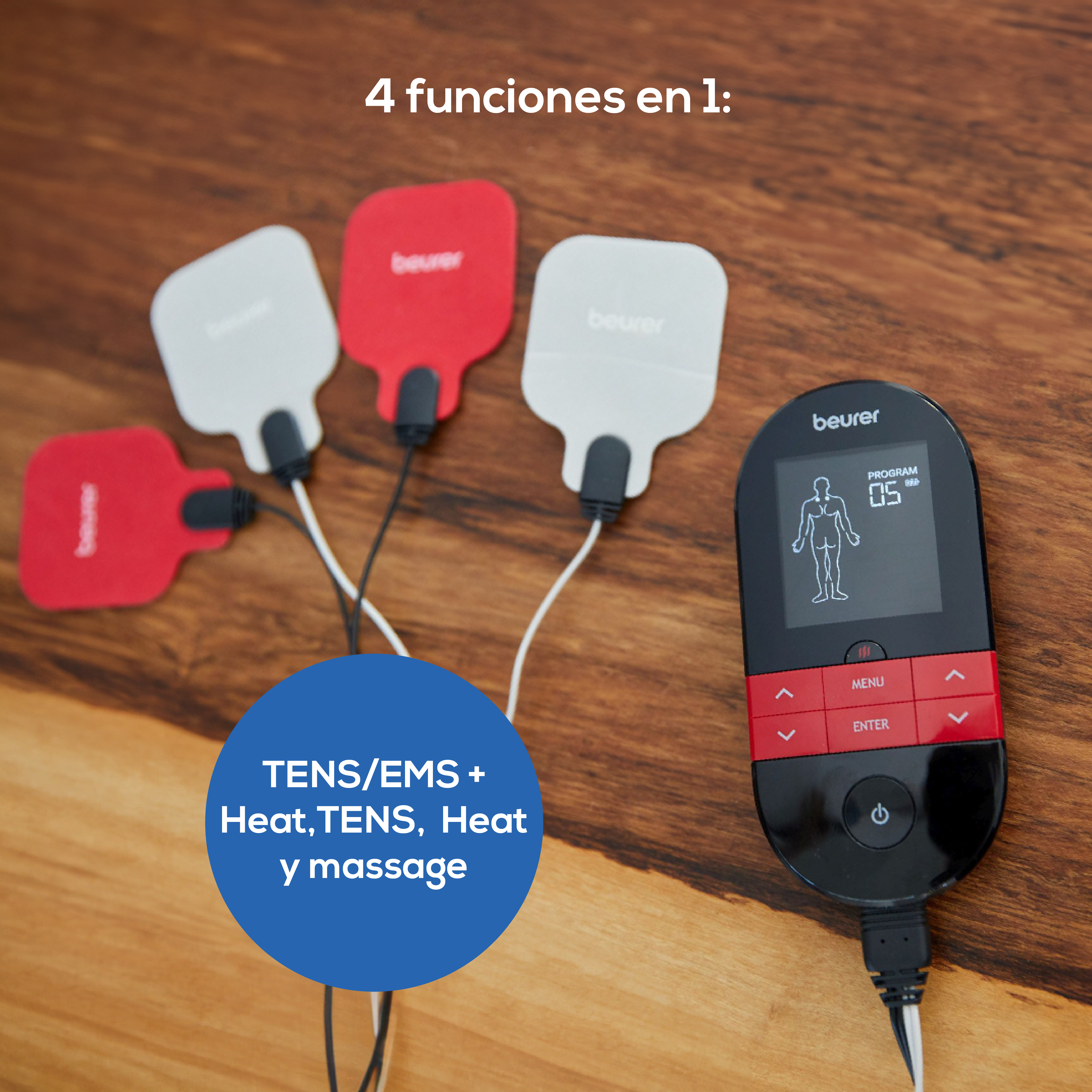 Electroestimulador muscular digital TENS/EMS EM41 con función de calor, 4 Electrodos y 64 aplicaciones, tiempo de encendido/apagado programable - Marca Beurer
