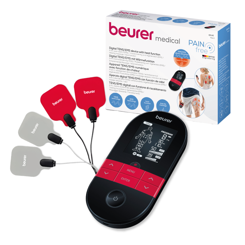 Electroestimulador muscular digital TENS/EMS EM41 con función de calor, 4 Electrodos y 64 aplicaciones, tiempo de encendido/apagado programable - Marca Beurer
