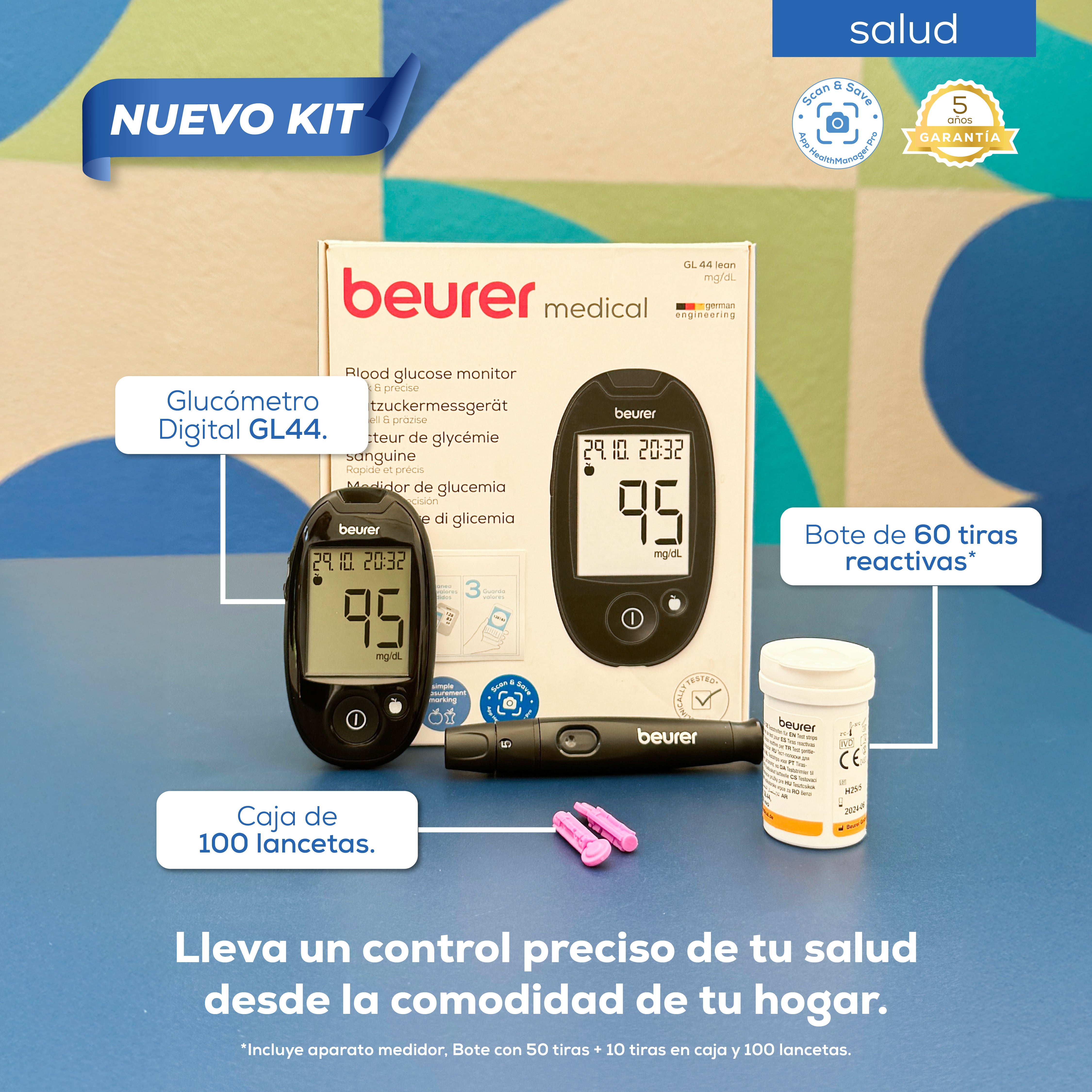 Kit de Glucómetro Digital GL44 con 50 Tiras Reactivas + 10 Tiras en caja + 100 lancetas - Marca Beurer