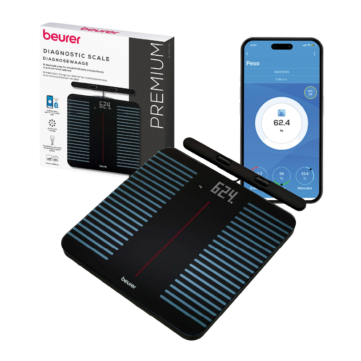 Báscula Digital con 8 electrodos de barra extensible para análisis corporal completo con WIFI/Bluetooth® BF990  | Marca beurer®