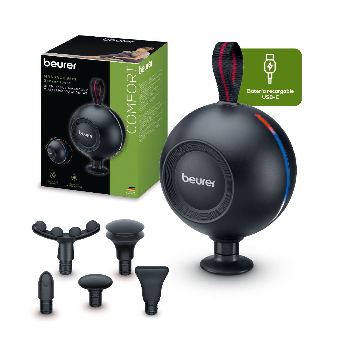 Pistola de masaje ergonómica con tecnología de sensor de presión MG101 - Marca Beurer