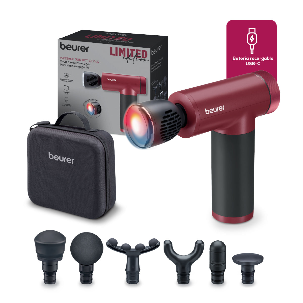 Pistola de Masaje Muscular Recargable con función de Frío y Calor MG195BF2025 Limited Edition Cherry | Marca Beurer