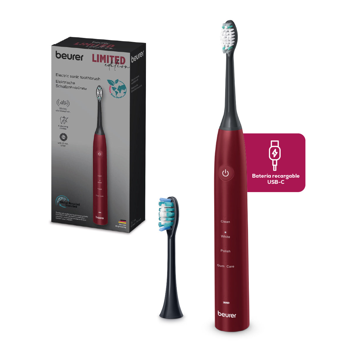 Cepillo de Dientes Eléctrico Recargable con 4 programas de limpieza y 2 cabezales intercambiables SC30BF2025 Limited Edition Cherry | Marca Beurer
