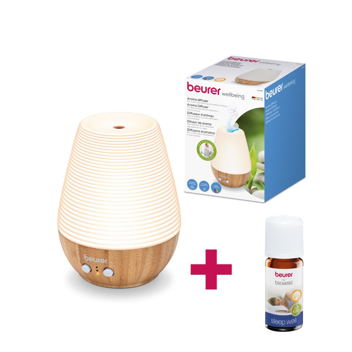 Difusor de Aroma con Luz LED de Bambú y Porcelana + 1  Aceite Esencial Soluble en Agua Sleep Well de REGALO 🎁  / LA40 Marca beurer®