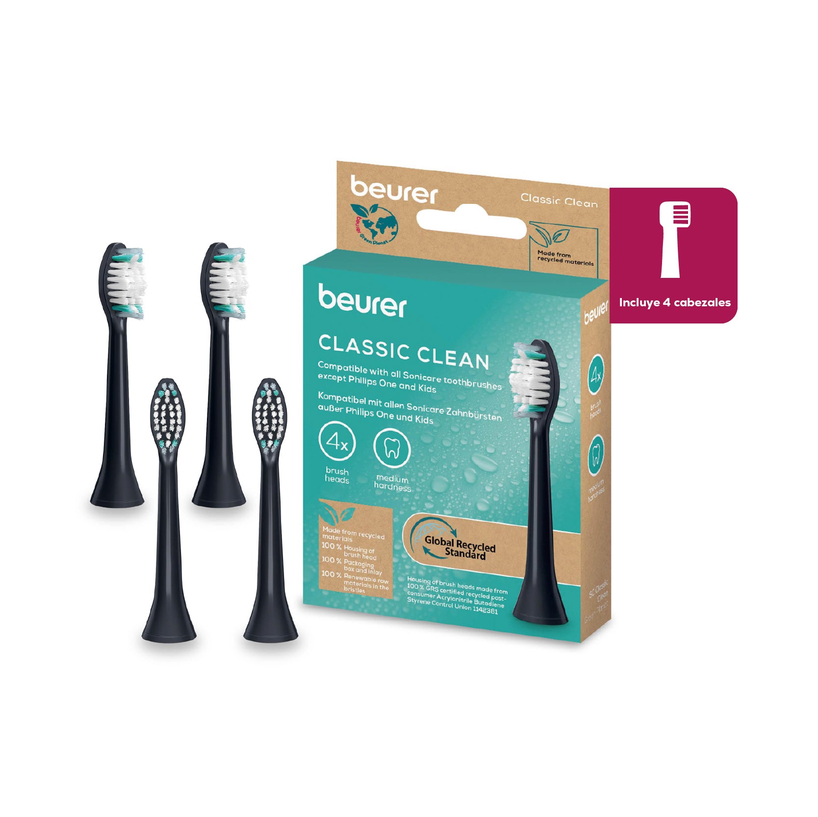 Paquete de 4 cabezales de repuesto para cepillos de dientes eléctricos - Marca Beurer