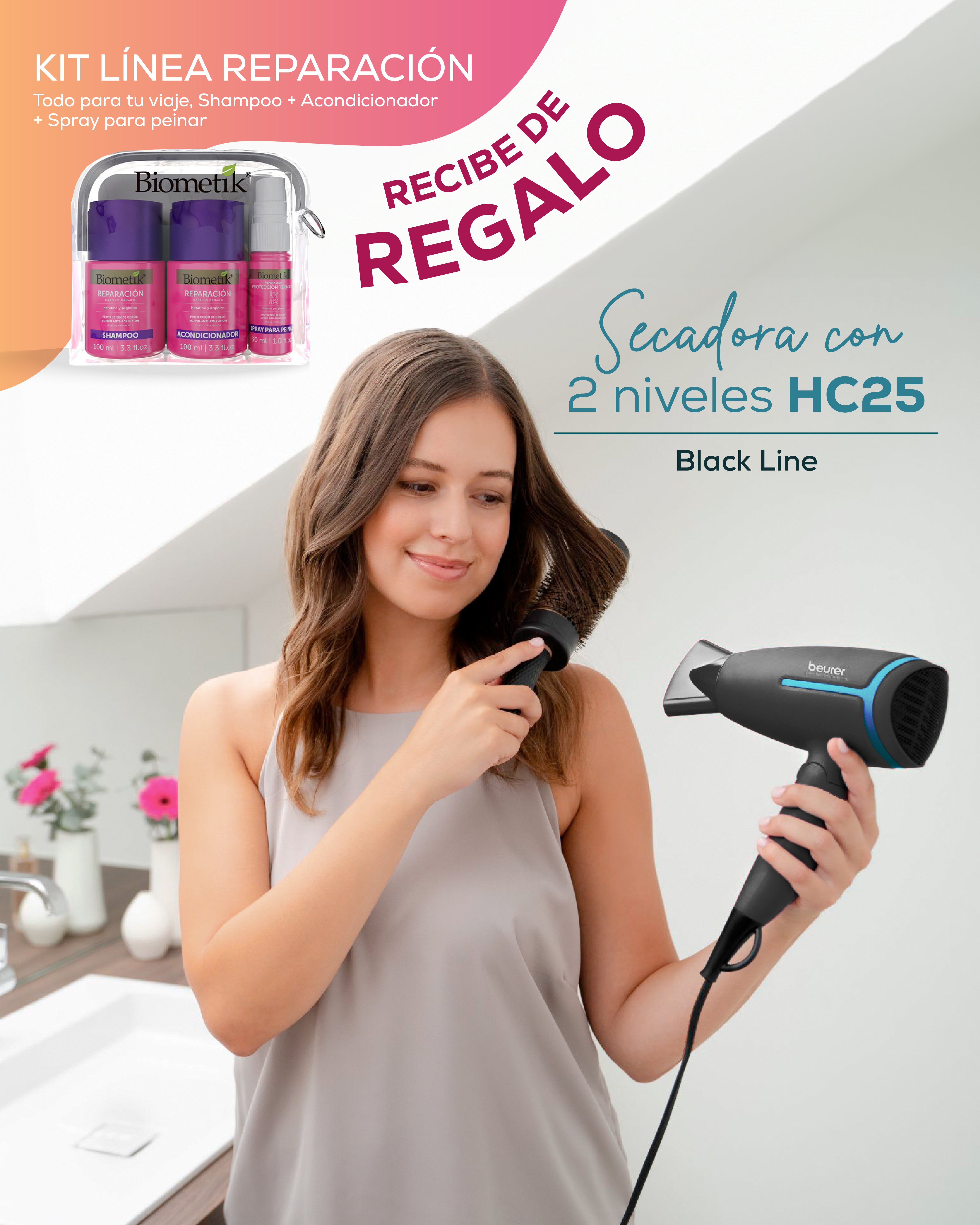 Secadora para cabello con difusor desmontable y 2 niveles de velocidad HC25BF23 + Kit productos Biometik linea rejuvenece de REGALO 🎁 - Marca Beurer