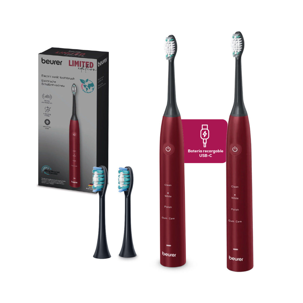 KIT de 2 Cepillos de Dientes Eléctrico Recargable con 4 programas de limpieza y 2 cabezales intercambiables SC30BF2025 Limited Edition Cherry | Marca Beurer