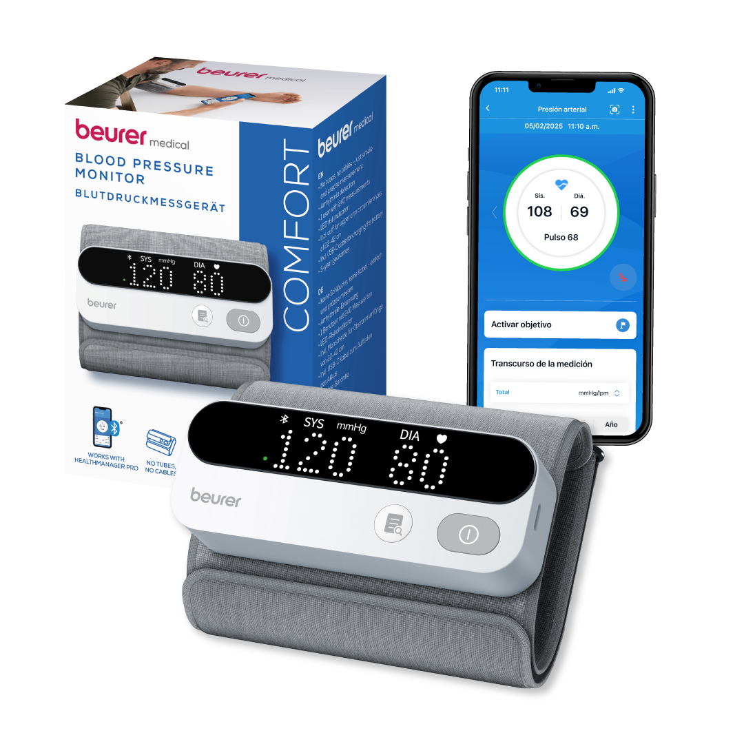 Baumanómetro digital de brazo recargable con indicador de riesgo LED, detección de arritmias, ideal para brazo de 22-42 cm con conexión bluetooth BM59 - Marca Beurer