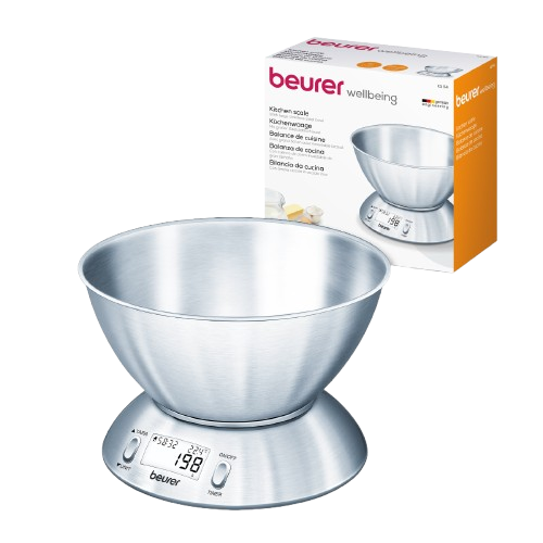 Balanza de Cocina Digital, Bowl Grande de Acero Inoxidable con Temporizador, Termómetro Ambiental / KS54 Marca Beurer®