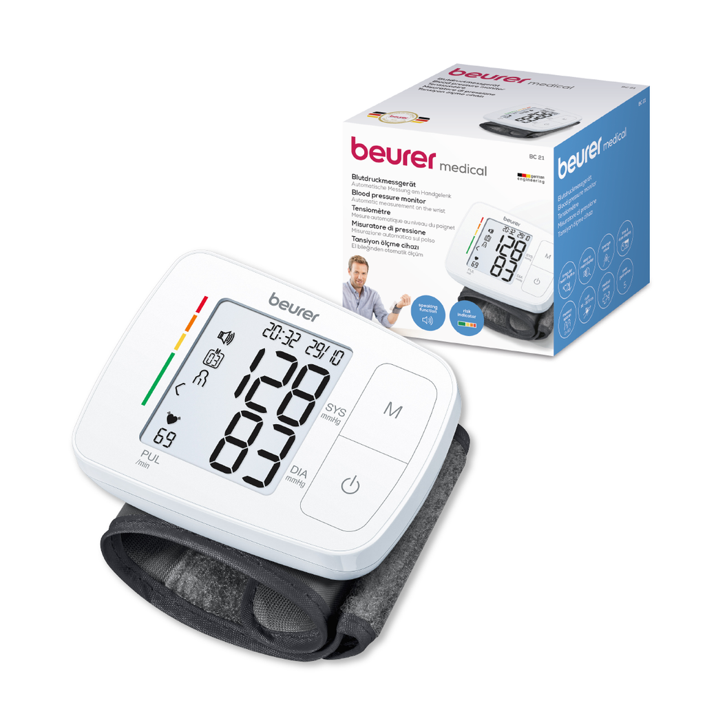 Monitor de presión arterial baumanómetro digital de muñeca con indicador de voz BC21 Marca beurer®