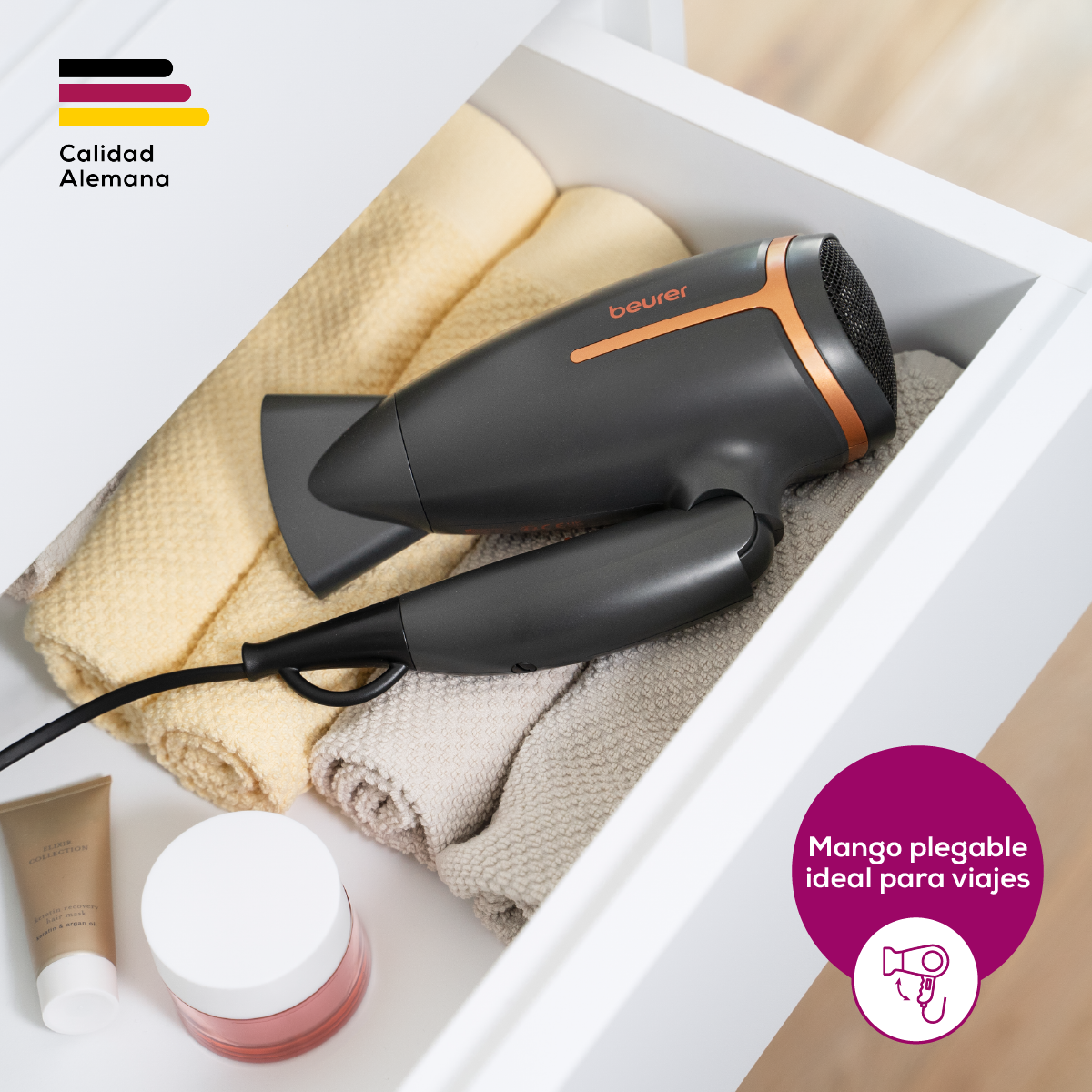 Secadora de cabello con 2 niveles de potencia y botón de aire frío, ideal para viaje HC25BF24 - Marca Beurer