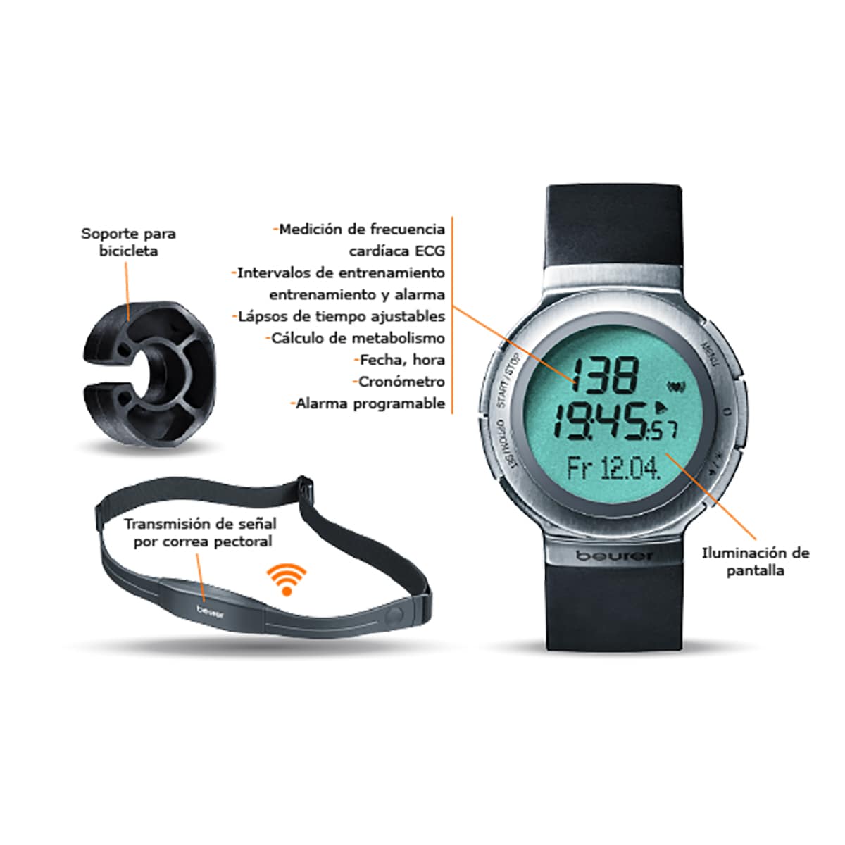 Reloj Pulsu00f3metro Con Correa Pectoral Beurer Pm 25 Calorias Negro